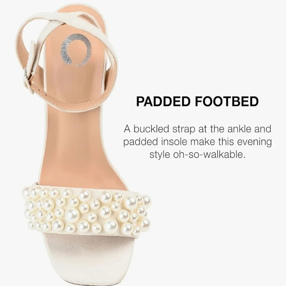 Journee Collection Nude Cream Beige Microsuede Pearl Heel Sandals SZ 9.5 M